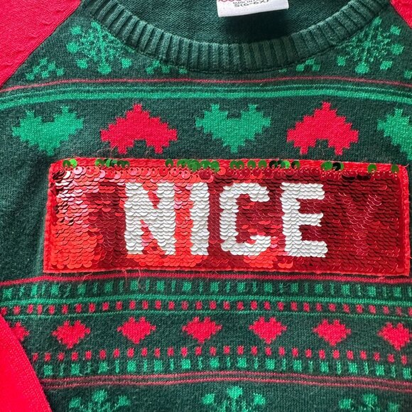 Childrens Holiday Sweater With Sequin Flip Naughty/Nice Design Green & Red Size - Picture 2 of 6